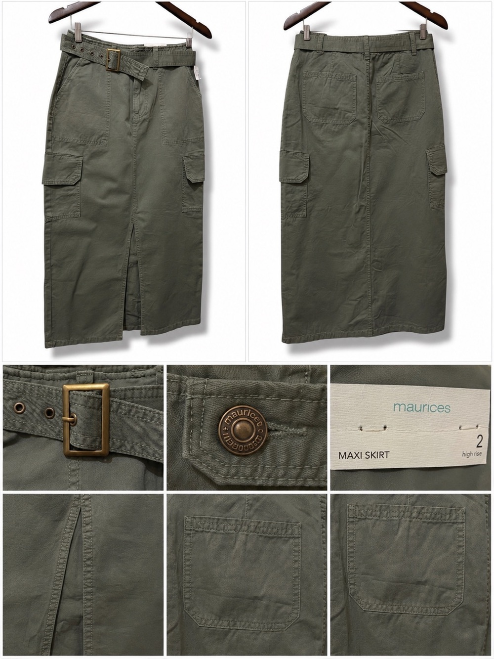 Maurices | NWT 100%Cotton Olive Utility Cargo with Belt High Rise Maxi Skirt (2)